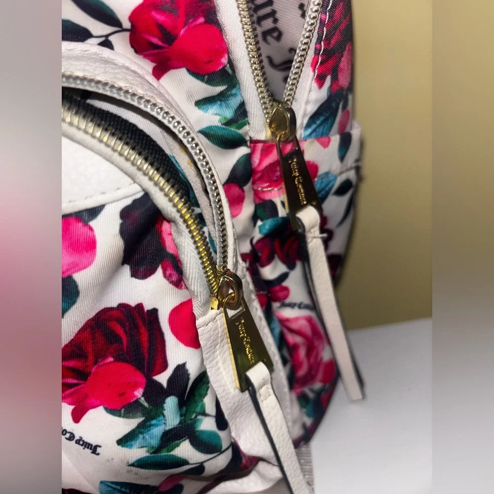 Juicy Couture Rose Pink Red White Backpack Floral  Zipper Whimsy Bookbag Y2K